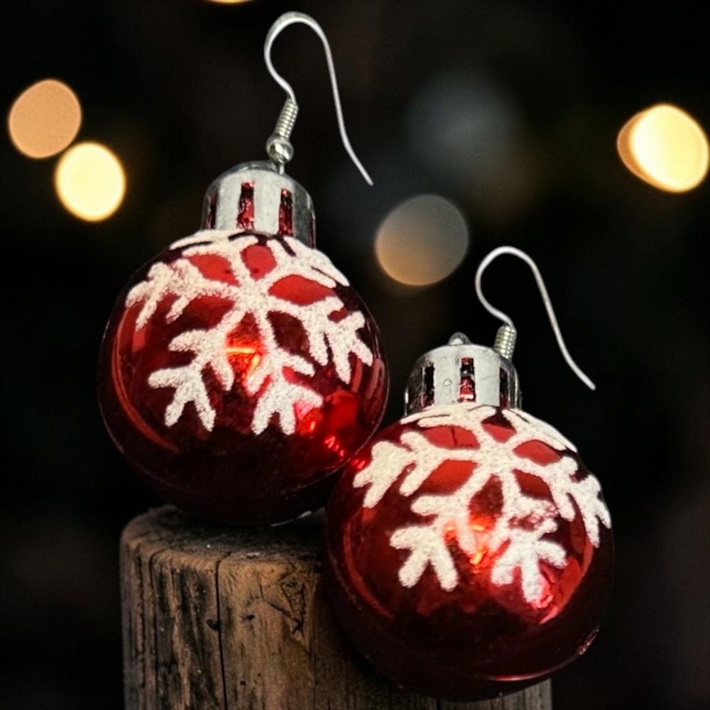 Christmas Ornament Ball Earrings Red Glitter Snowflake Holiday Dangle